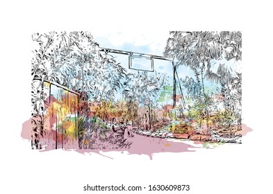 Building view with landmark of Izmir is a city on Turkey’s Aegean coast. Watercolor splash with Hand drawn sketch illustration in vector.