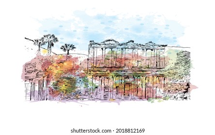 Building view with landmark of Izmir is a city in Turkey. Watercolor splash with hand drawn sketch illustration in vector.