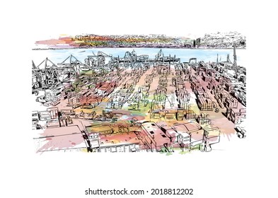 Building view with landmark of Izmir is a city in Turkey. Watercolor splash with hand drawn sketch illustration in vector.