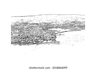 Building view with landmark of Izola is the 
town in Slovenia. Hand drawn sketch illustration in vector.