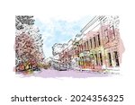 Building view with landmark of Jackson is the 
city in Mississippi. Watercolor splash with hand drawn sketch illustration in vector.