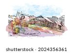 Building view with landmark of Jackson is the 
city in Mississippi. Watercolor splash with hand drawn sketch illustration in vector.