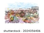 Building view with landmark of Jackson is the 
city in Mississippi. Watercolor splash with hand drawn sketch illustration in vector.