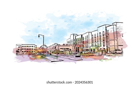 Building view with landmark of Jackson is the 
city in Mississippi. Watercolor splash with hand drawn sketch illustration in vector.