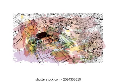Building view with landmark of Jackson is the 
city in Mississippi. Watercolor splash with hand drawn sketch illustration in vector.