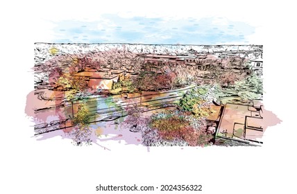 Building view with landmark of Jackson is the 
city in Mississippi. Watercolor splash with hand drawn sketch illustration in vector.