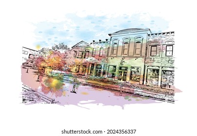 Building view with landmark of Jackson is the 
city in Mississippi. Watercolor splash with hand drawn sketch illustration in vector.