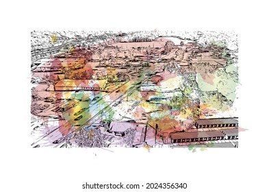 Building view with landmark of Jackson is the 
city in Mississippi. Watercolor splash with hand drawn sketch illustration in vector.