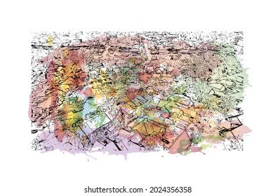 La vista de construcción con el punto de referencia de Jackson es el 
ciudad de Misisipi. Salto de color de agua con ilustración de esbozo dibujada a mano en vector.