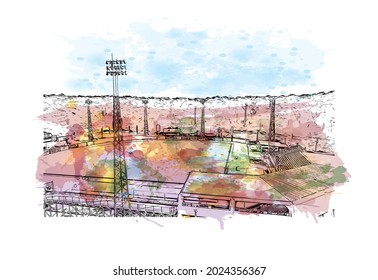 Die Aussicht auf das Gebäude mit Wahrzeichen Jackson ist das 
Stadt in Mississippi. Aquarellspritzer mit handgezeichneter Skizzengrafik in Vektorgrafik.