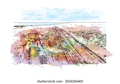 Building view with landmark of Jackson is the 
city in Mississippi. Watercolor splash with hand drawn sketch illustration in vector.