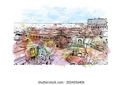 Building view with landmark of Jackson is the 
city in Mississippi. Watercolor splash with hand drawn sketch illustration in vector.