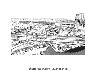La vista de construcción con el punto de referencia de Jackson es el 
ciudad de Misisipi. Dibujo a mano de ilustración de esbozo en vector.