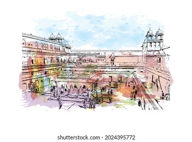 Building view with landmark of Jaipur is the 
city in India. Watercolor splash with hand drawn sketch illustration in vector.