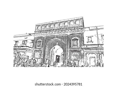 Building view with landmark of Jaipur is the 
city in India. Hand drawn sketch illustration in vector.