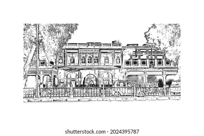 Building view with landmark of Jaipur is the 
city in India. Hand drawn sketch illustration in vector.