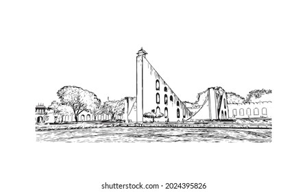 Building view with landmark of Jaipur is the 
city in India. Hand drawn sketch illustration in vector.