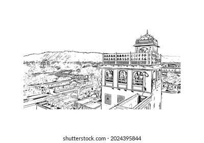 Building view with landmark of Jaipur is the 
city in India. Hand drawn sketch illustration in vector.