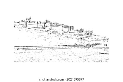 Building view with landmark of Jaipur is the 
city in India. Hand drawn sketch illustration in vector.