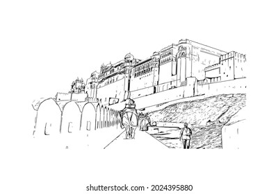 Building view with landmark of Jaipur is the 
city in India. Hand drawn sketch illustration in vector.