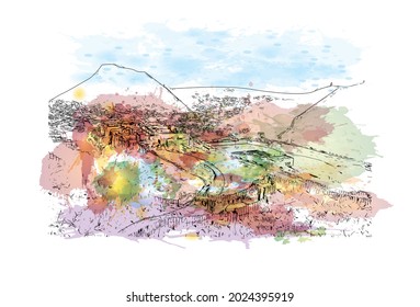 Building view with landmark of Jaipur is the 
city in India. Watercolor splash with hand drawn sketch illustration in vector.
