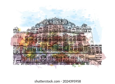 Building view with landmark of Jaipur is the 
city in India. Watercolor splash with hand drawn sketch illustration in vector.