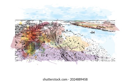 Building view with landmark of Jefferson is the 
city in Missouri. Watercolor splash with hand drawn sketch illustration in vector.