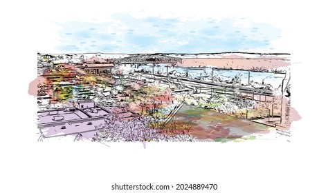 Building view with landmark of Jefferson is the 
city in Missouri. Watercolor splash with hand drawn sketch illustration in vector.