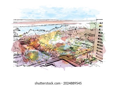 Building view with landmark of Jefferson is the 
city in Missouri. Watercolor splash with hand drawn sketch illustration in vector.