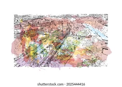 Building view with landmark of Jena is the city in Germany. Watercolor splash with hand drawn sketch illustration in vector.