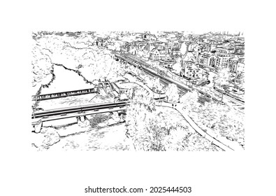Building view with landmark of Jena is the city in Germany. Hand drawn sketch illustration in vector.