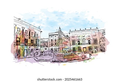 Building view with landmark of Jerez de la Frontera is the 
city in Spain. Watercolor splash with hand drawn sketch illustration in vector.