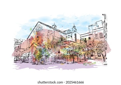 Building view with landmark of Jerez de la Frontera is the 
city in Spain. Watercolor splash with hand drawn sketch illustration in vector.