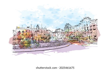 Building view with landmark of Jerez de la Frontera is the 
city in Spain. Watercolor splash with hand drawn sketch illustration in vector.