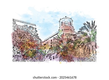 Building view with landmark of Jerez de la Frontera is the 
city in Spain. Watercolor splash with hand drawn sketch illustration in vector.