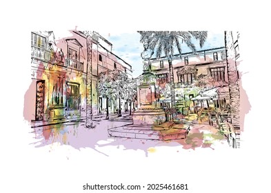 Building view with landmark of Jerez de la Frontera is the 
city in Spain. Watercolor splash with hand drawn sketch illustration in vector.