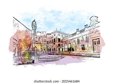 Building view with landmark of Jerez de la Frontera is the 
city in Spain. Watercolor splash with hand drawn sketch illustration in vector.