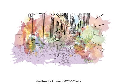 Building view with landmark of Jerez de la Frontera is the 
city in Spain. Watercolor splash with hand drawn sketch illustration in vector.