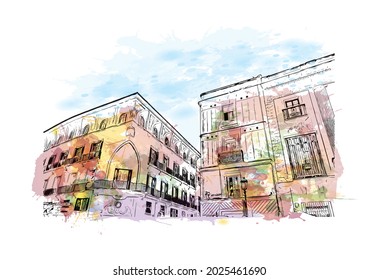 Building view with landmark of Jerez de la Frontera is the 
city in Spain. Watercolor splash with hand drawn sketch illustration in vector.