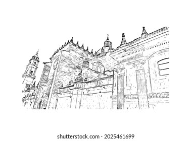 Building view with landmark of Jerez de la Frontera is the 
city in Spain. Hand drawn sketch illustration in vector.