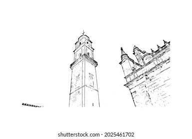 Building view with landmark of Jerez de la Frontera is the 
city in Spain. Hand drawn sketch illustration in vector.