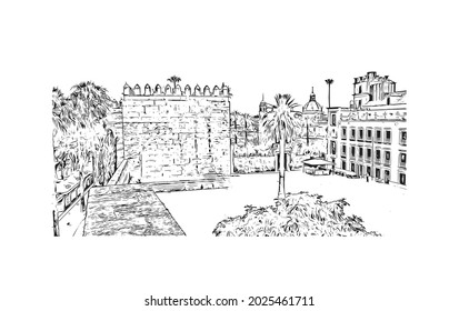 La vista de edificio con un punto de referencia de Jerez de la Frontera es 
ciudad de España. Dibujo a mano de ilustración de esbozo en vector.