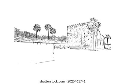 Building view with landmark of Jerez de la Frontera is the 
city in Spain. Hand drawn sketch illustration in vector.