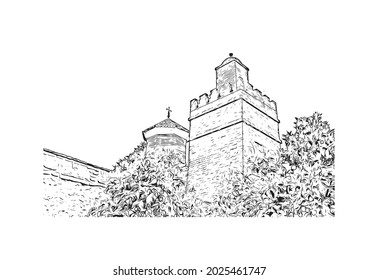 Building view with landmark of Jerez de la Frontera is the 
city in Spain. Hand drawn sketch illustration in vector.