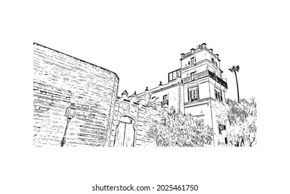 Building view with landmark of Jerez de la Frontera is the 
city in Spain. Hand drawn sketch illustration in vector.