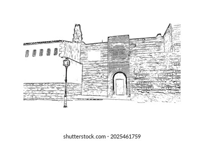 Building view with landmark of Jerez de la Frontera is the 
city in Spain. Hand drawn sketch illustration in vector.