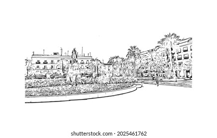 Building view with landmark of Jerez de la Frontera is the 
city in Spain. Hand drawn sketch illustration in vector.