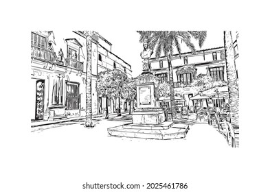 Building view with landmark of Jerez de la Frontera is the 
city in Spain. Hand drawn sketch illustration in vector.