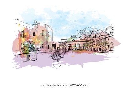 Building view with landmark of Jerez de la Frontera is the 
city in Spain. Watercolor splash with hand drawn sketch illustration in vector.