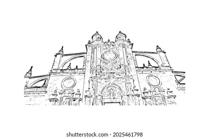 Building view with landmark of Jerez de la Frontera is the 
city in Spain. Hand drawn sketch illustration in vector.